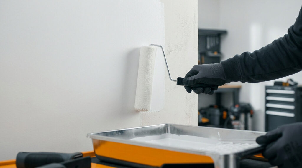 Une main gantée utilisant un rouleau pour appliquer de la peinture blanche sur un mur dans un atelier.