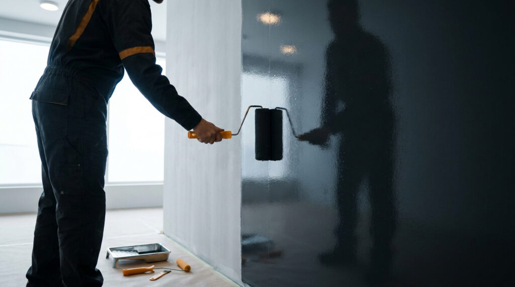 Un peintre professionnel applique une finition brillante sur un mur à l'aide d'un rouleau à peinture.