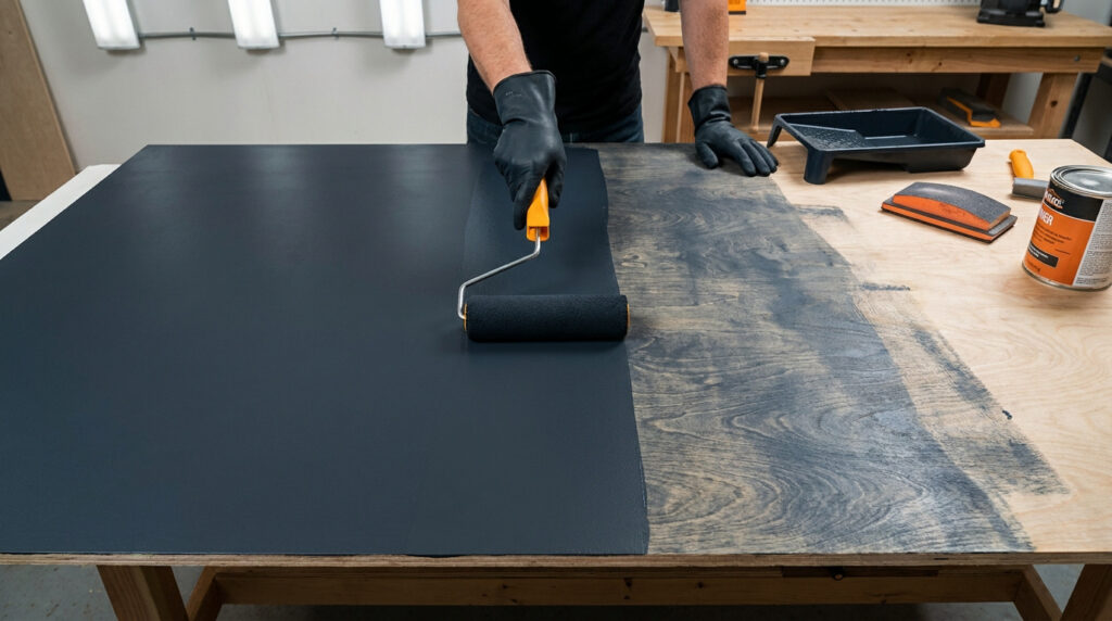 Un artisan portant des gants noirs applique de la peinture grise sur une planche de contreplaqué avec un rouleau.