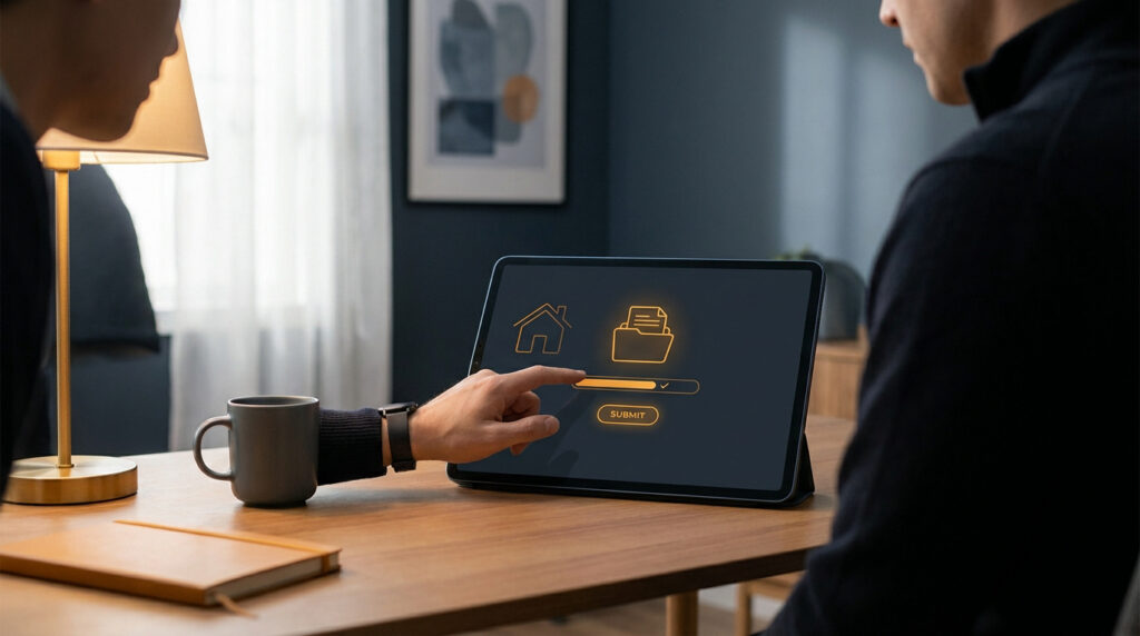 Une personne utilisant une tablette pour soumettre une demande de logement social via une interface numérique.