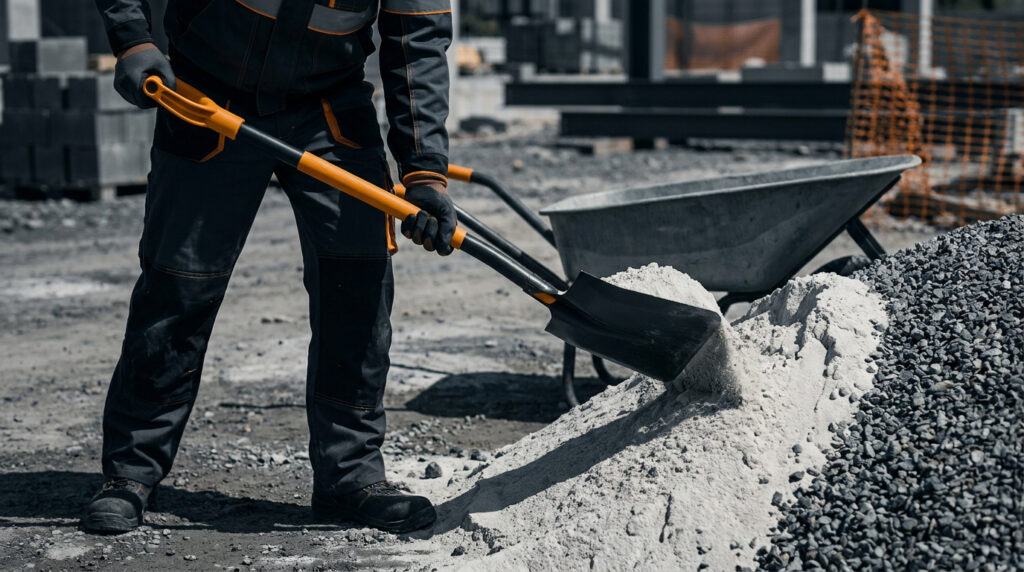 Ouvrier en tenue de chantier utilisant une pelle pour charger du sable sur un chantier de construction.