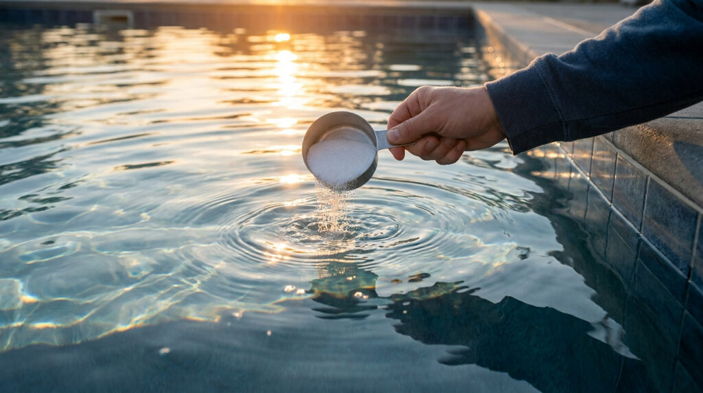 Main versant des granules de chlore dans l'eau d'une piscine au coucher du soleil.