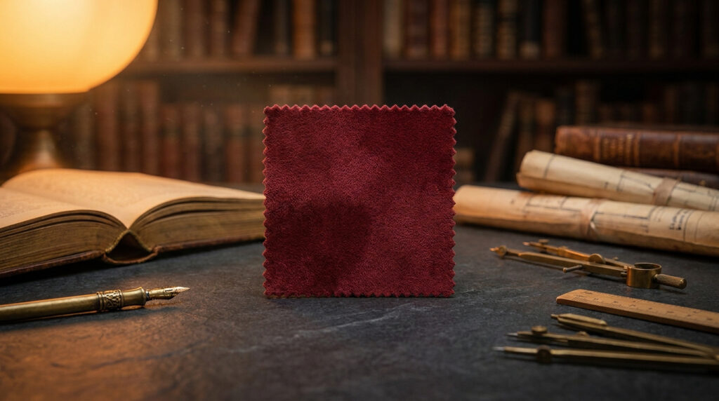 Un échantillon de tissu rouge pourpre posé sur un bureau ancien entouré de livres, d'une plume et d'instruments de mesure.