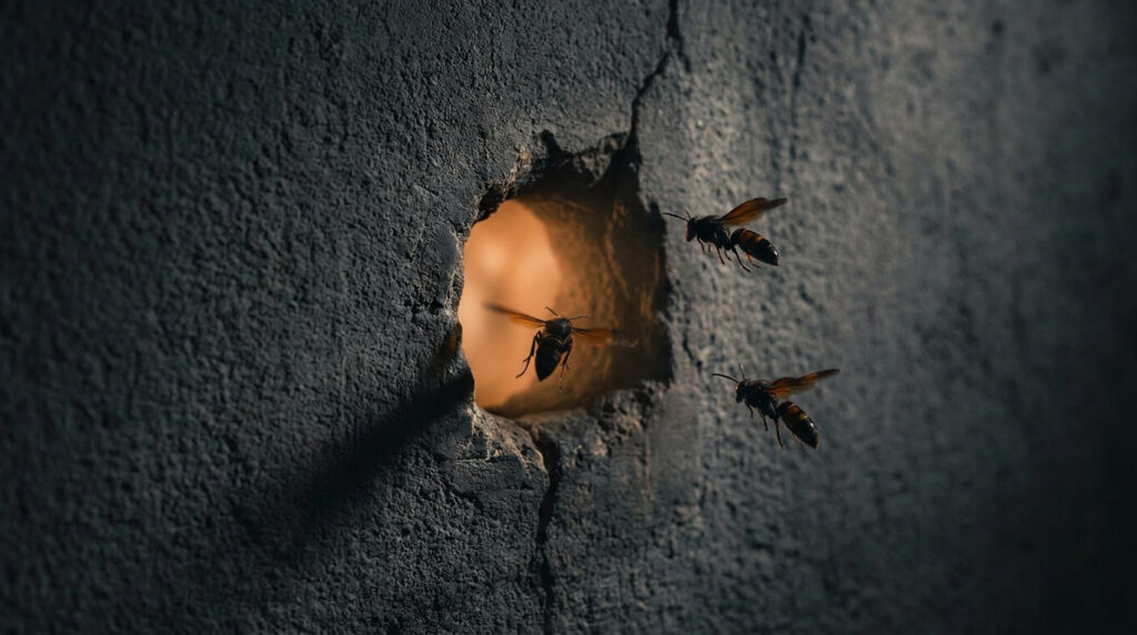 Trois guêpes volent près d'un trou creusé dans un mur en béton sombre.