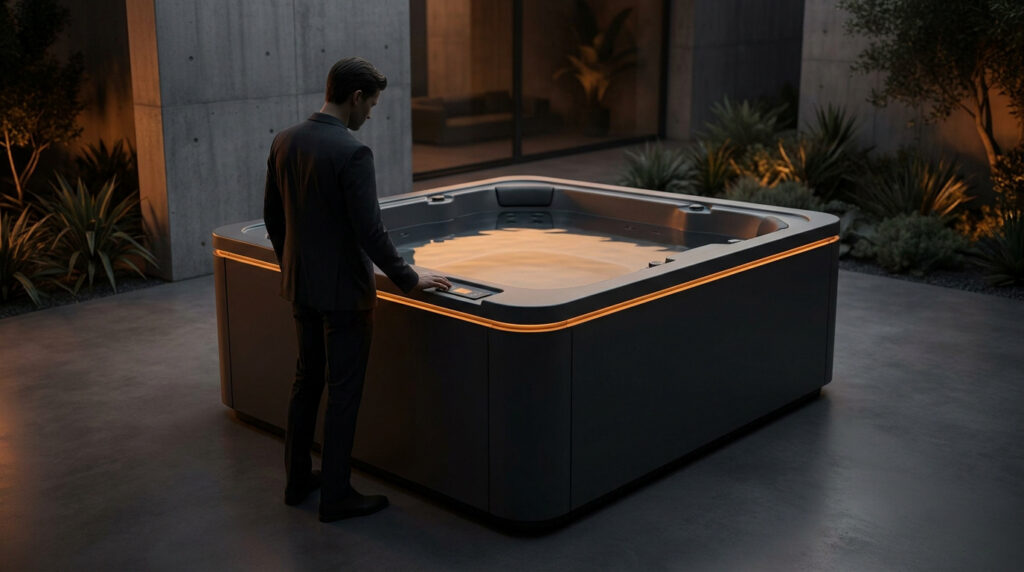 Un homme en costume ajuste les réglages d'un spa moderne luxueux sur une terrasse contemporaine le soir.