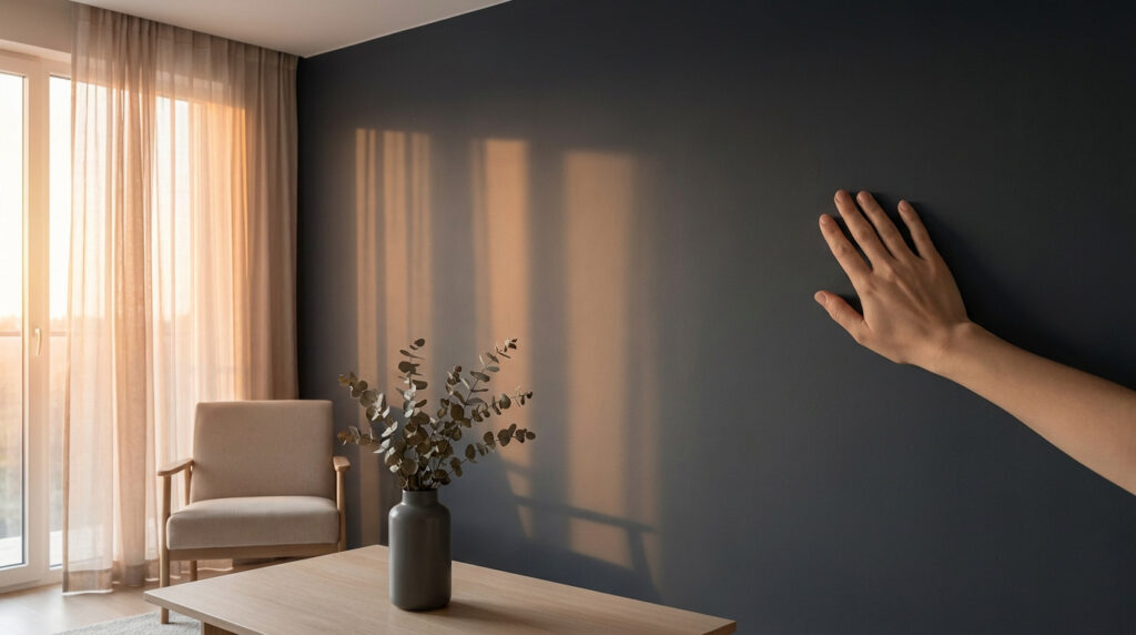 Une main touche un mur gris mat dans un salon moderne et lumineux avec un fauteuil et un vase de fleurs séchées.