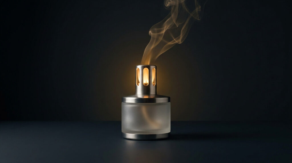 Une Lampe Berger en verre givré et métal diffusant une fine colonne de fumée sur un fond sombre.