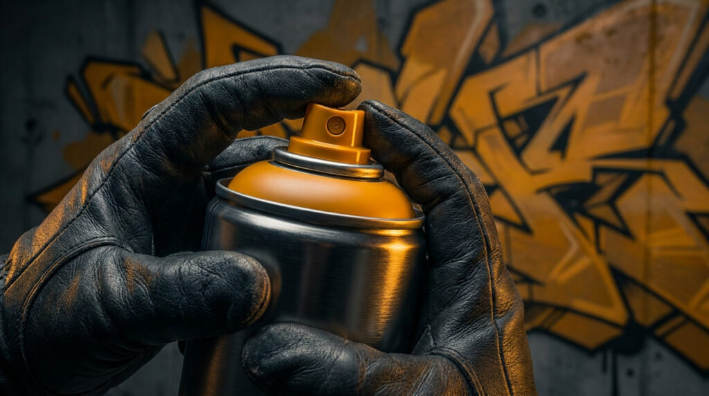 Mains gantées de cuir noir tenant une bombe de peinture aérosol orange devant un mur décoré de graffitis.