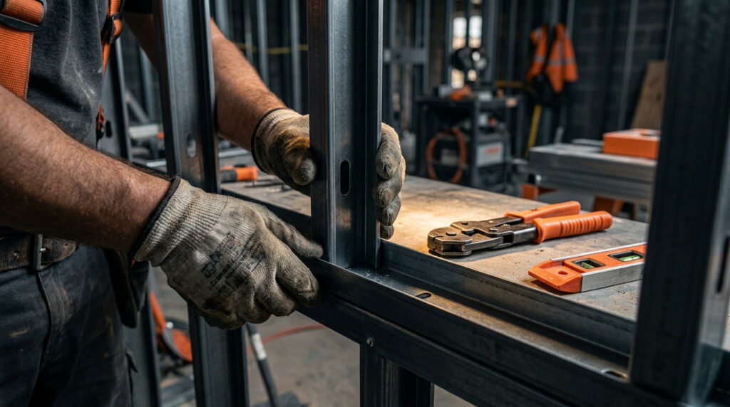 Un ouvrier installe une structure métallique pour une cloison en plaques de plâtre sur un chantier.
