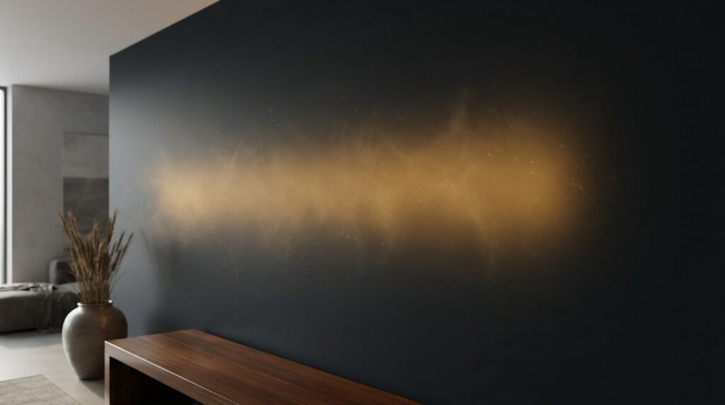 Un mur noir avec un nuage doré et brillant au centre, dans un salon moderne.
