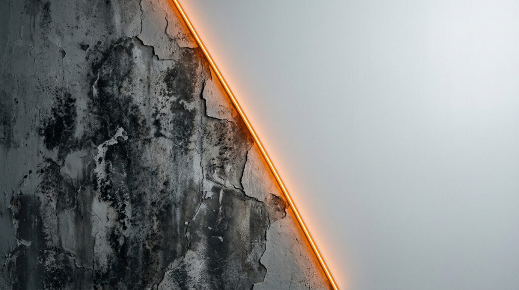 Mur divisé par une ligne lumineuse : à gauche un mur abîmé et moisi, à droite une surface lisse et propre.