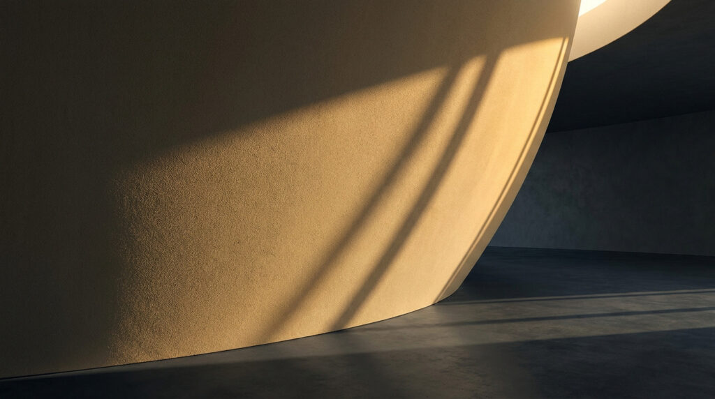 Mur courbé de couleur beige RAL 1001 illuminé par un rayon de soleil dans un intérieur minimaliste sombre.