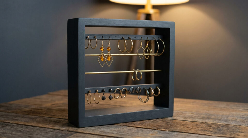 Un présentoir à boucles d'oreilles artisanal en bois noir avec des tiges dorées posé sur une table en bois.