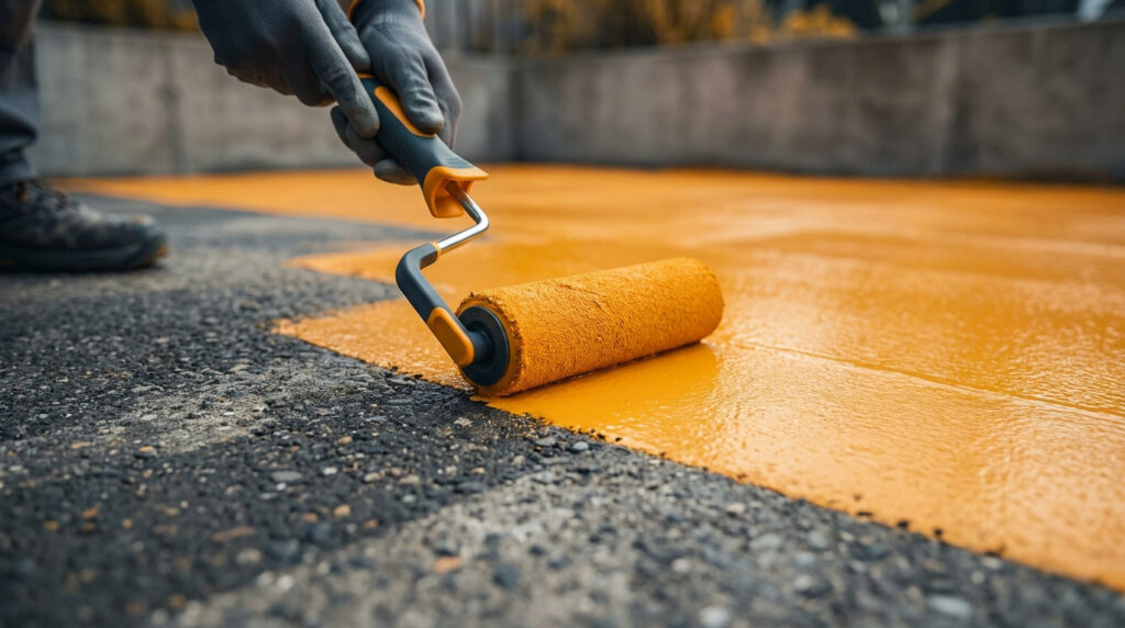 Une personne utilisant un rouleau pour appliquer une peinture jaune vif sur une surface en béton gris extérieur.
