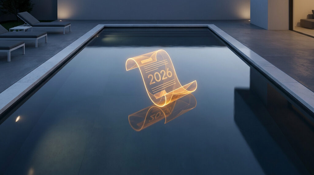 Un parchemin numérique lumineux affichant l'année 2026 flotte au-dessus d'une piscine moderne.