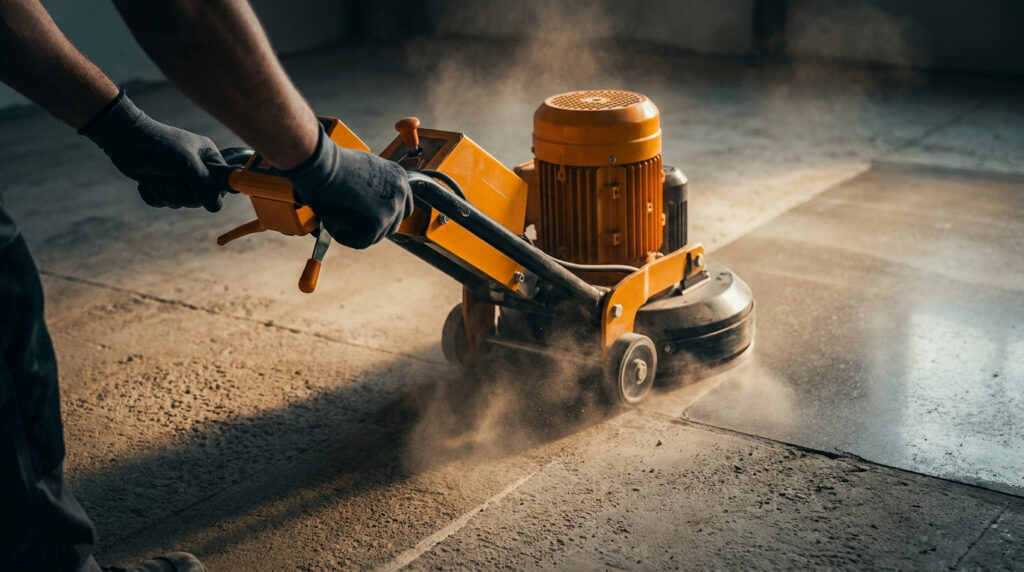 Ouvrier utilisant une ponceuse à béton industrielle jaune pour lisser une surface en béton sec.