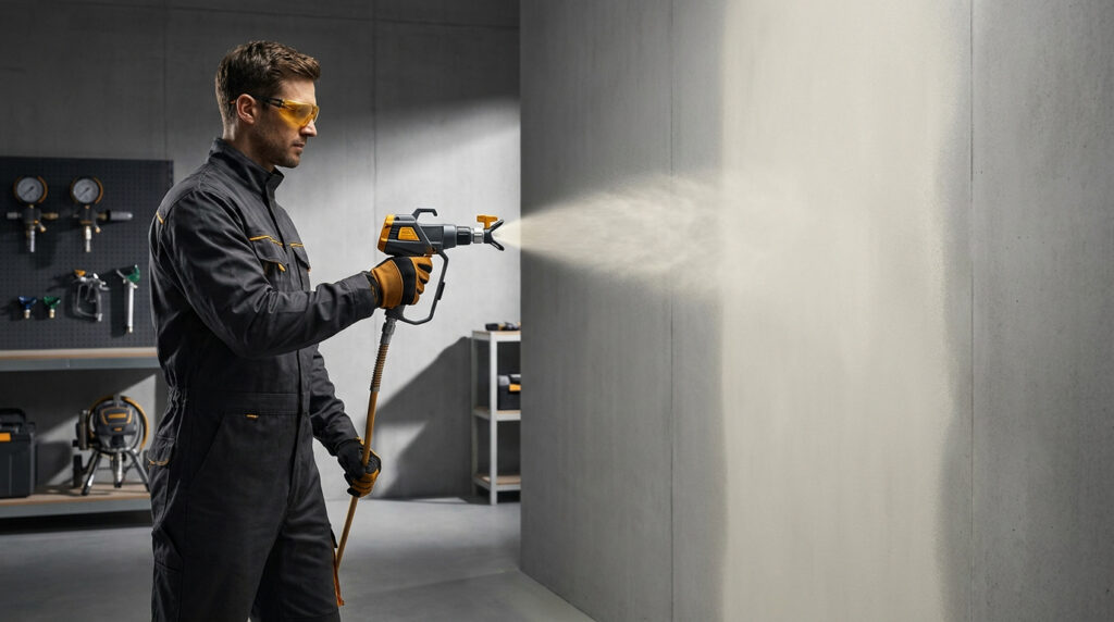 Un professionnel en combinaison utilise un pistolet à peinture airless pour peindre un mur en béton gris.