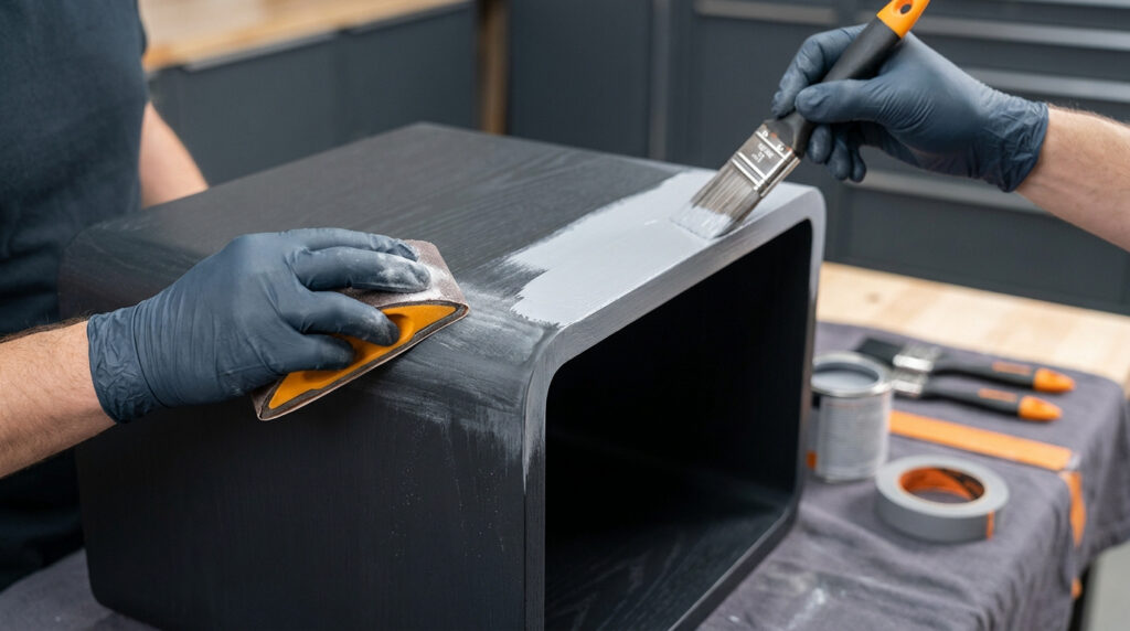 Une personne ponce un meuble noir pendant qu'une autre applique de la peinture grise avec un pinceau.