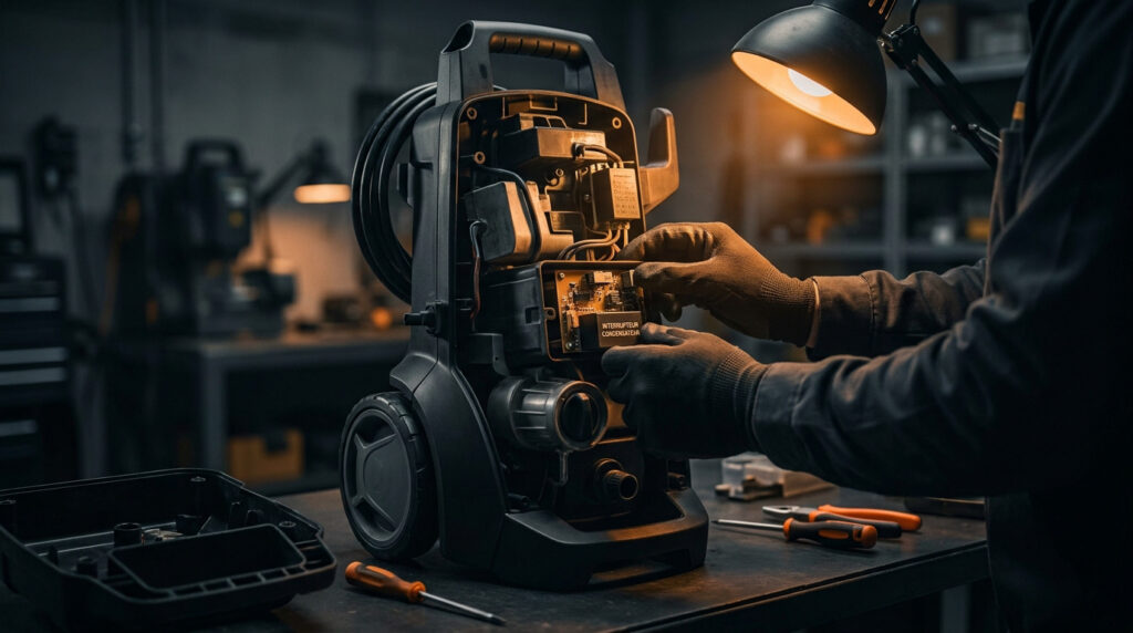 Un technicien répare le circuit électrique d'un nettoyeur haute pression ouvert dans un atelier.