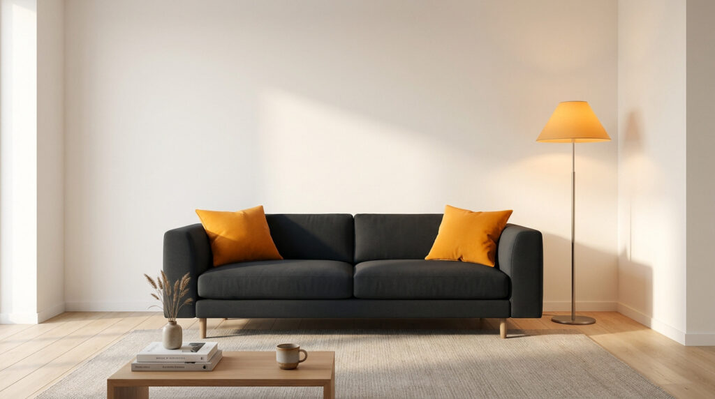Canapé gris avec coussins orange dans un salon aux murs blancs RAL 9010, éclairé par un lampadaire sur pied.