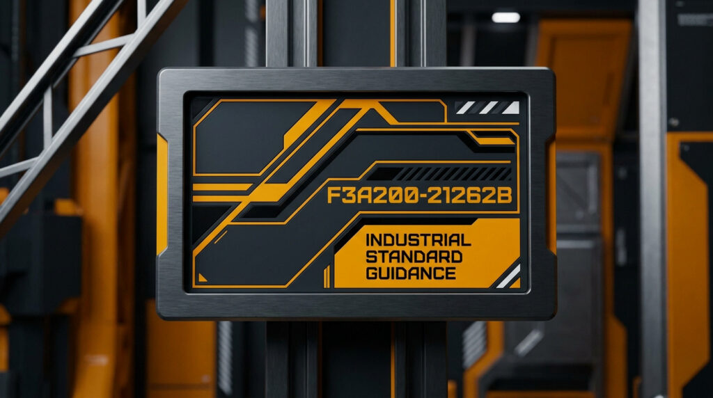 Panneau d'affichage technologique avec marquages orange et noirs, affichant le texte "INDUSTRIAL STANDARD GUIDANCE".