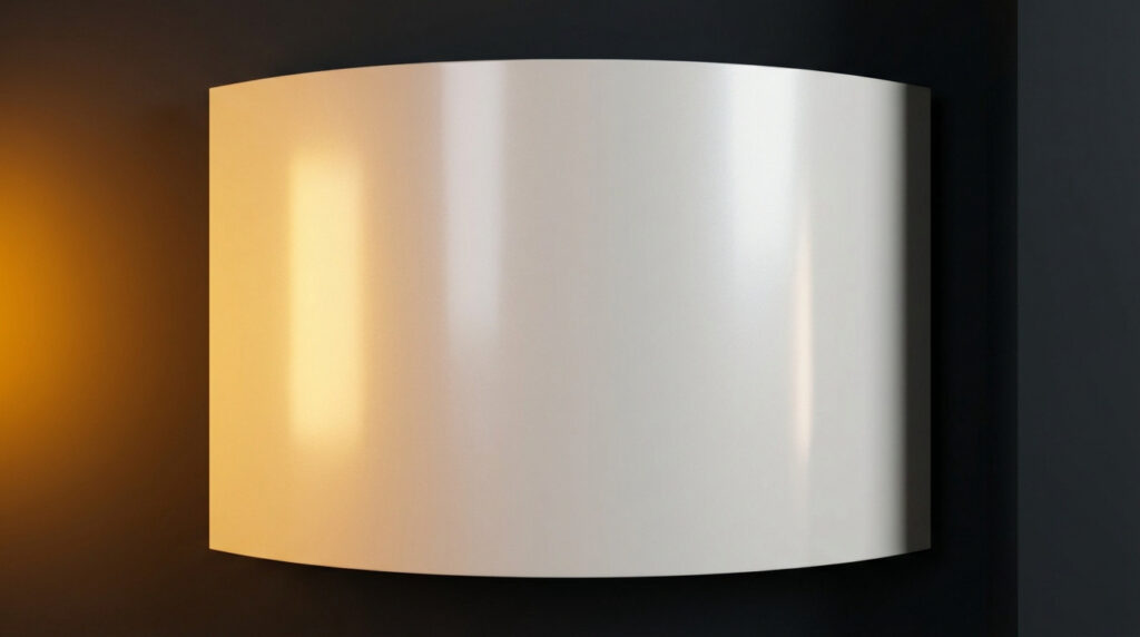 Surface courbe peinte en RAL 1013 blanc perlé, éclairée par une lumière chaude sur un fond sombre.