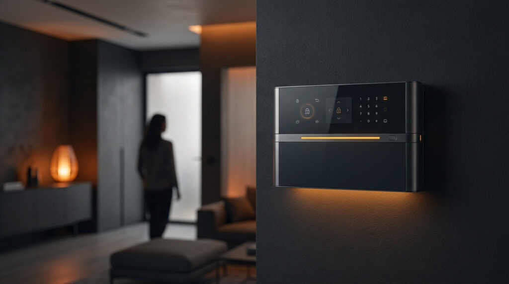 Panneau de contrôle de sécurité mural avec interface tactile dans un intérieur moderne et sombre.