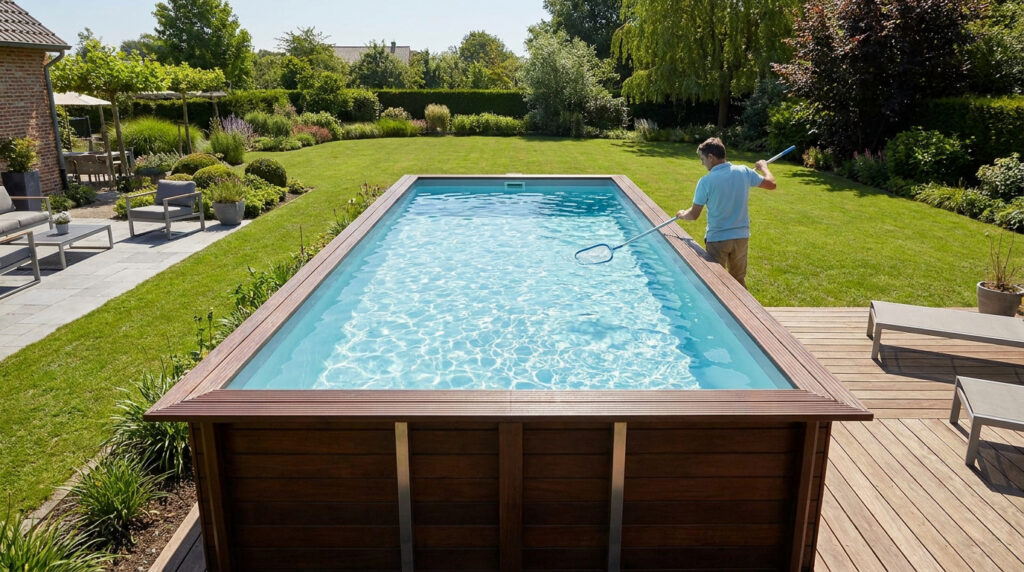 Un homme nettoie une piscine hors sol en bois dans un jardin ensoleillé avec une épuisette.