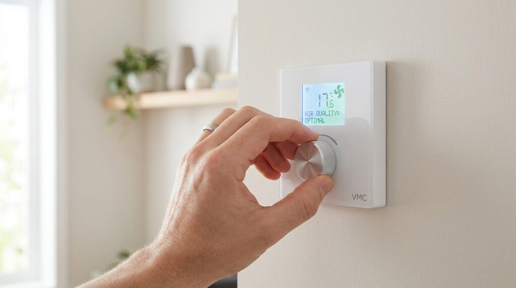 Une main règle un thermostat VMC blanc monté au mur indiquant une qualité d'air optimale.