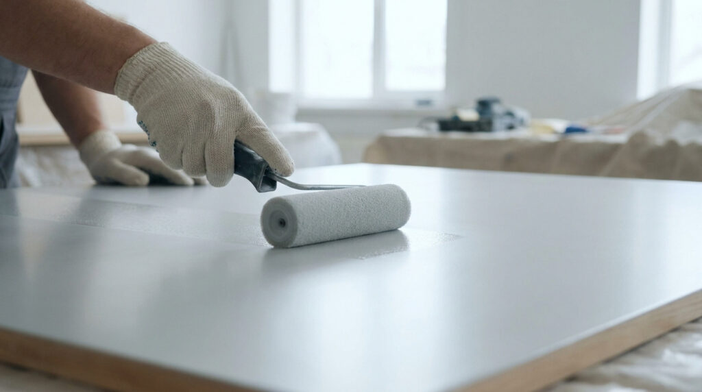 Un artisan utilisant un petit rouleau en mousse pour appliquer une peinture grise sur une surface en bois lisse.