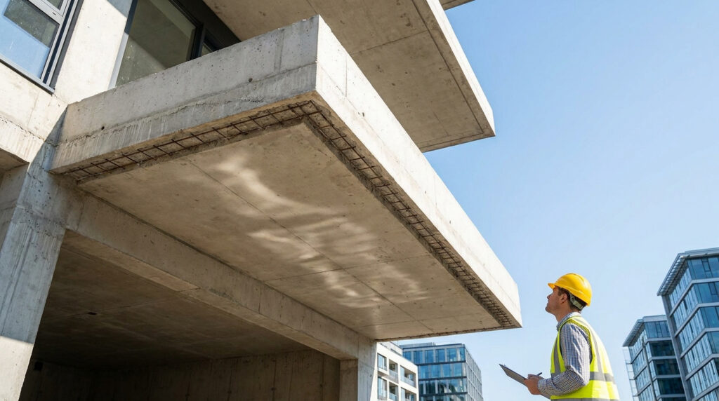 Un ingénieur en casque de chantier inspecte une dalle en béton avec des armatures apparentes sur un site de construction.