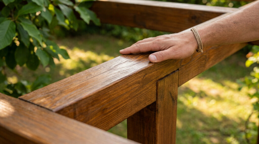 Une main d'homme posée sur la rambarde en bois verni d'une terrasse dans un jardin ensoleillé.