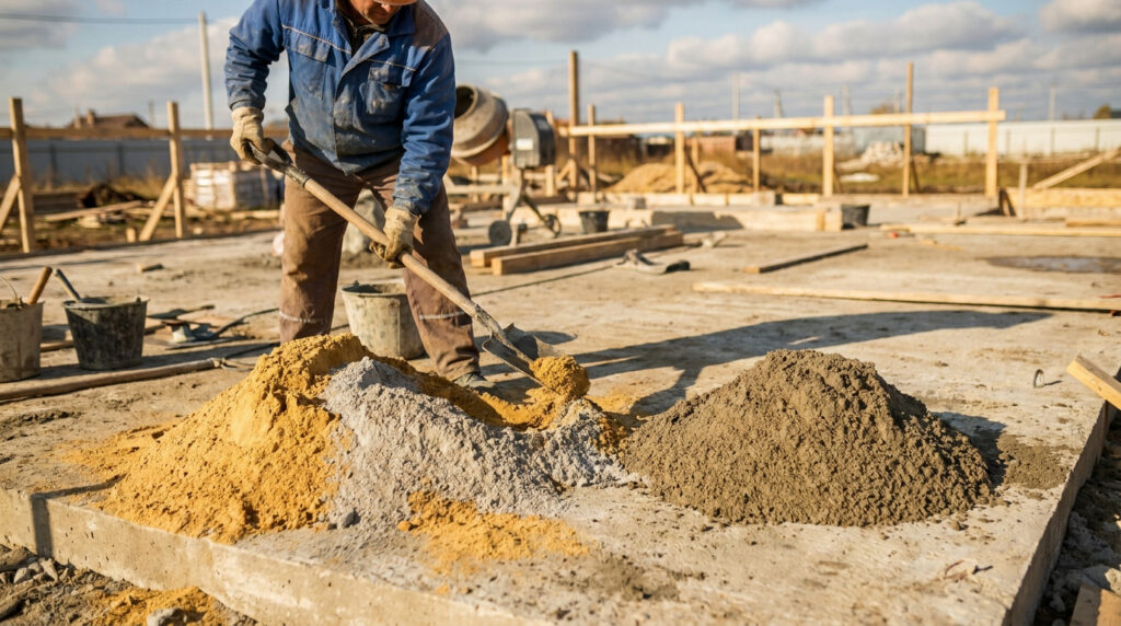 Un ouvrier mélange du sable et du ciment à la pelle sur un chantier de construction pour préparer une chape.