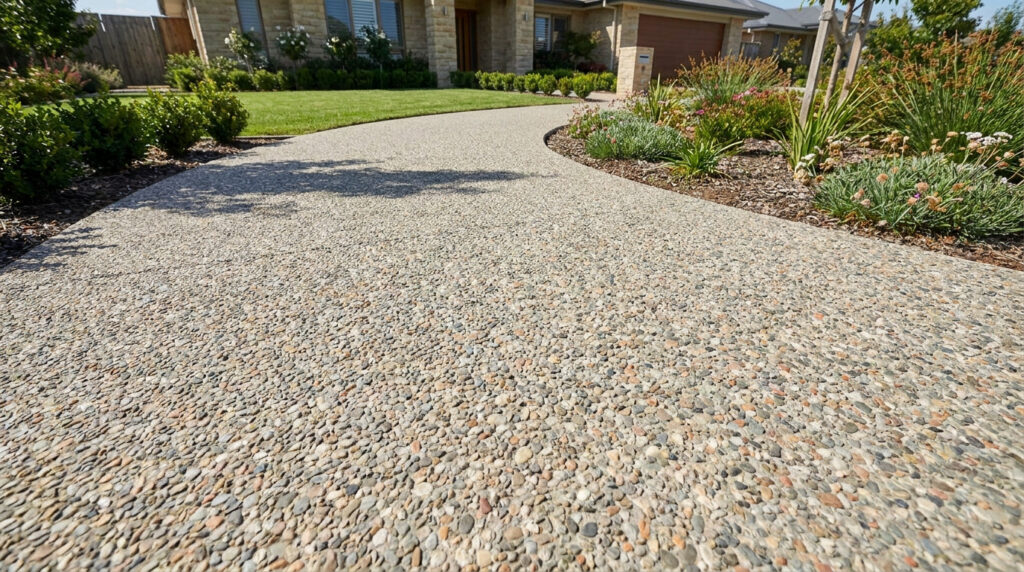 Allée courbe en béton désactivé devant une maison moderne avec jardin paysager et pelouse bien entretenue.
