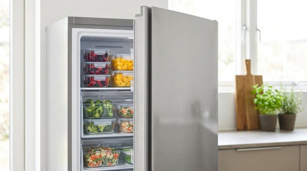 Congélateur FrigeluX ouvert rempli de boîtes de légumes et fruits surgelés dans une cuisine lumineuse.