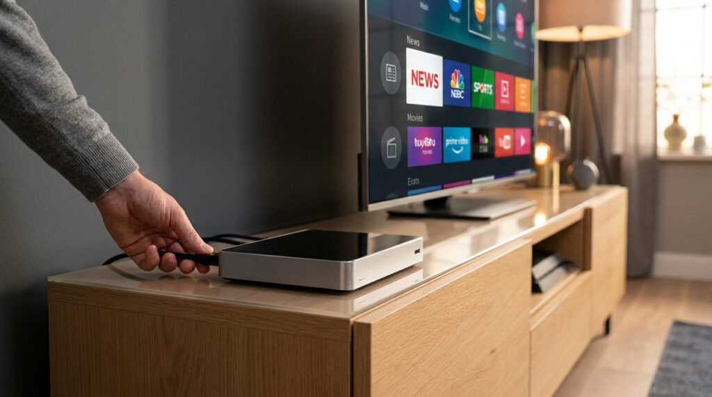 Une main branche un câble sur un décodeur TV posé sur un meuble en bois, avec une télévision affichant un menu en arrière-plan.