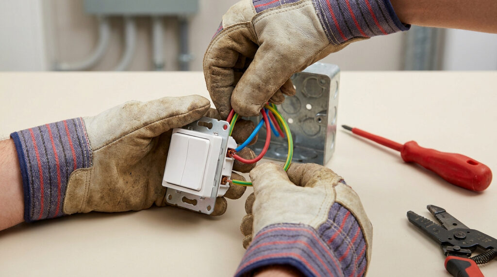 Mains gantées raccordant des fils électriques colorés sur un interrupteur double blanc.