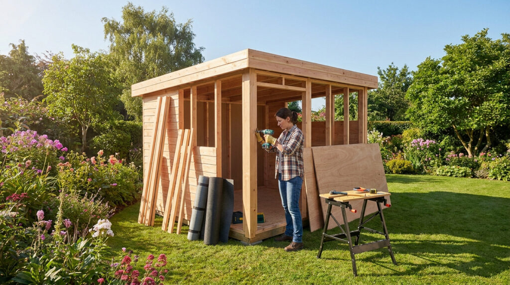 Une femme utilise une visseuse électrique pour construire la structure en bois d'un abri de jardin dans un jardin fleuri.