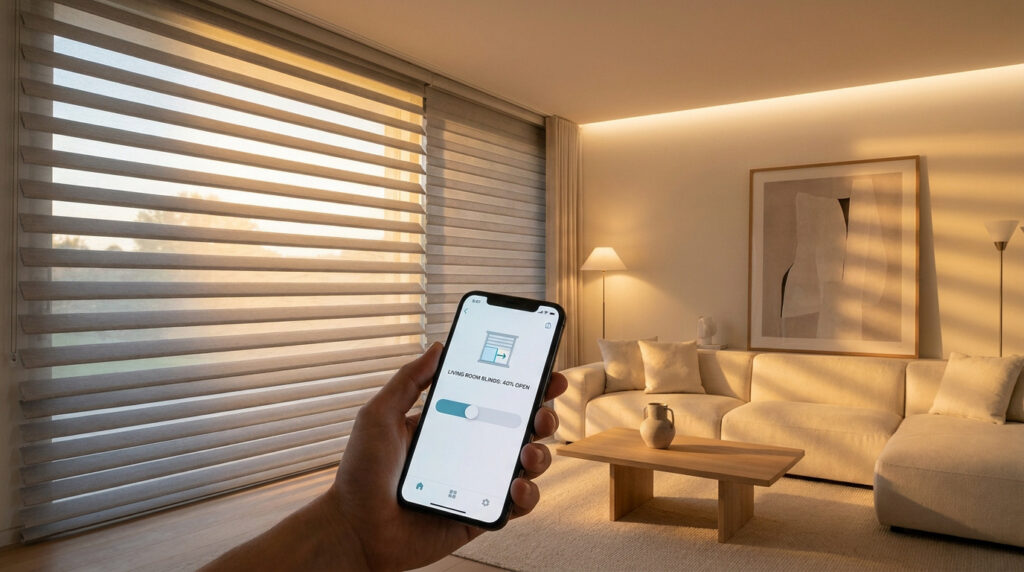Une main tenant un smartphone contrôlant l'ouverture des stores d'un salon moderne et lumineux.