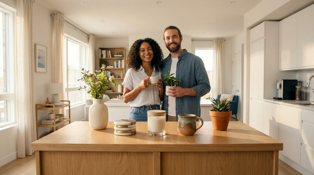 Un couple souriant dans leur nouvelle cuisine lumineuse, entourés d'objets de décoration pour la maison.