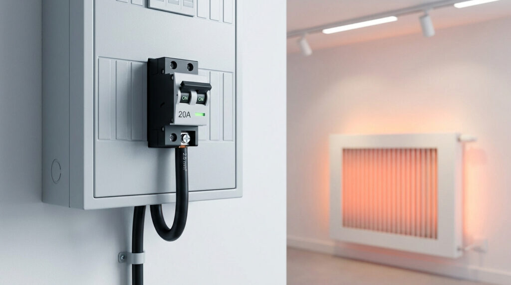 Un disjoncteur électrique de 20A installé sur un tableau avec un radiateur chauffant en arrière-plan.