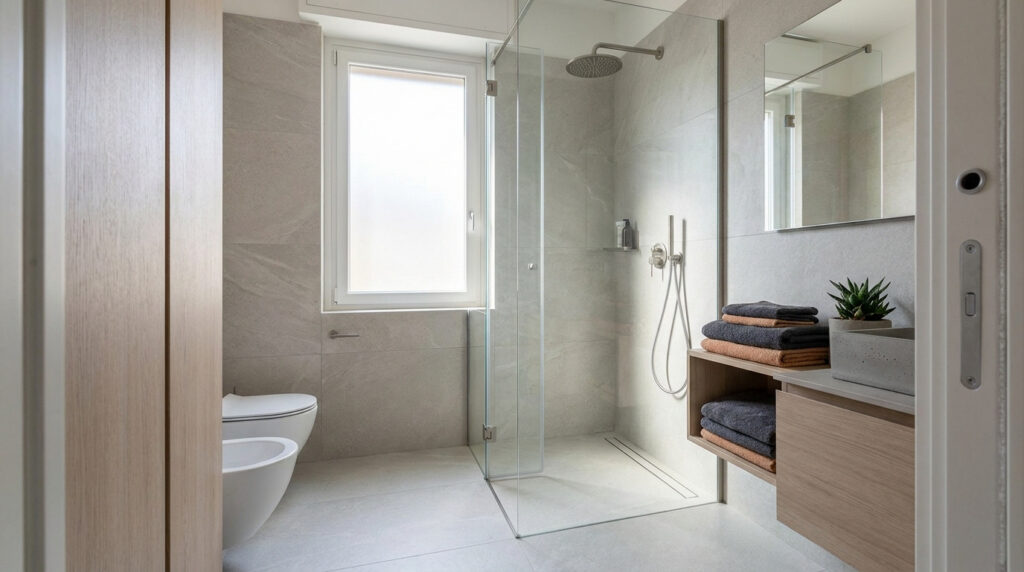 Une petite salle de bain moderne avec une douche italienne vitrée, un WC suspendu et un meuble vasque en bois.