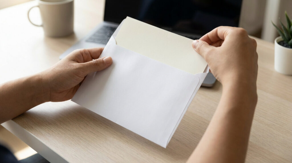 Mains insérant une lettre beige dans une enveloppe blanche sur un bureau.