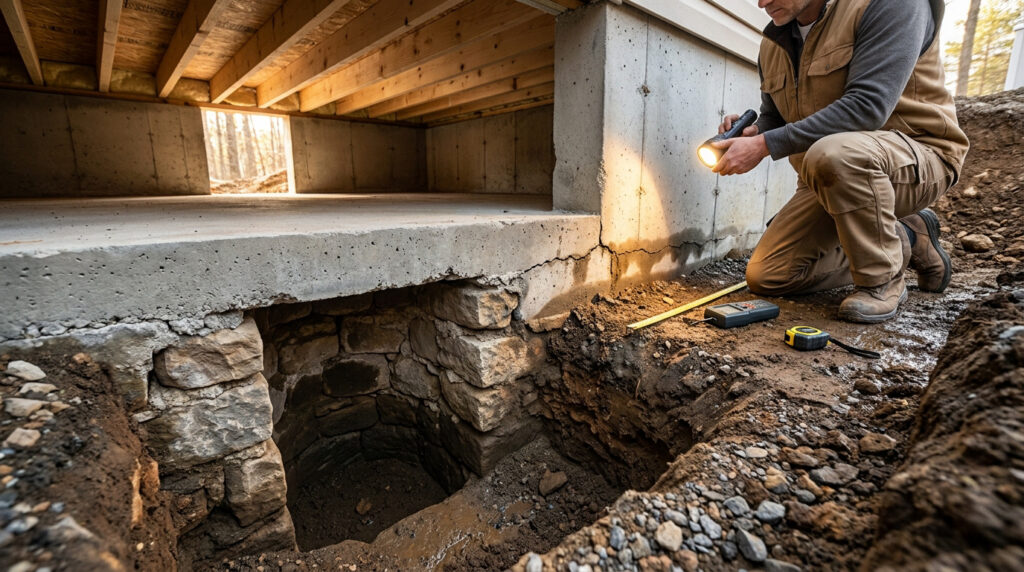 Un expert inspecte un ancien puits en pierre sous les fondations fissurées d'une maison à l'aide d'une lampe torche.