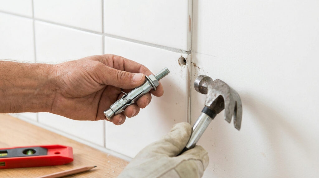Mains d'un artisan préparant l'installation d'une cheville métallique expansible dans un mur carrelé.