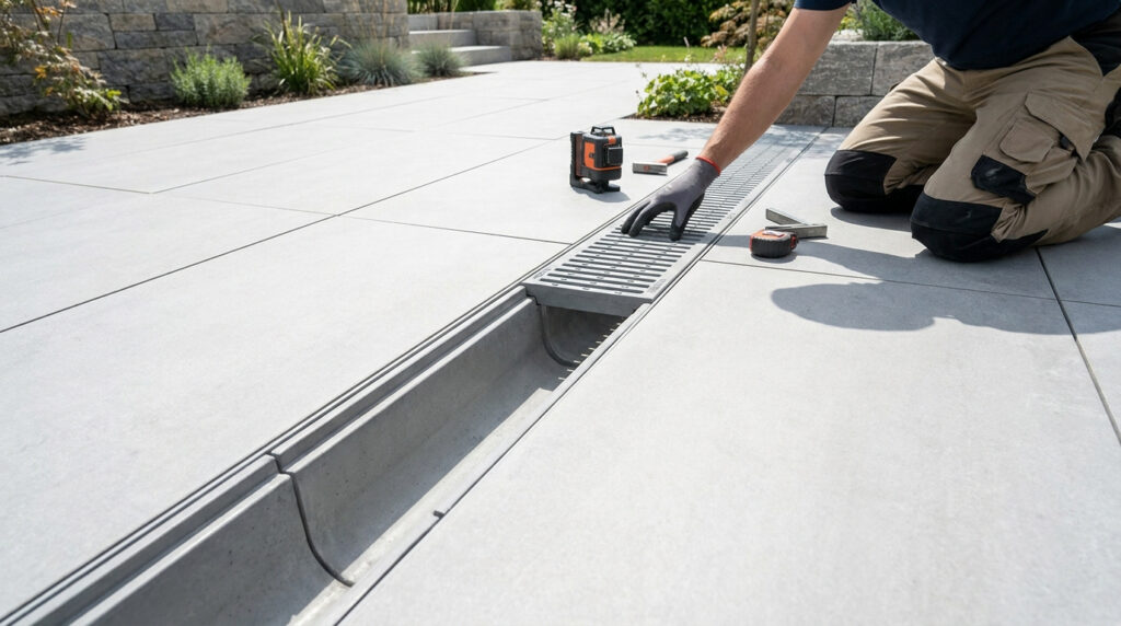 Un ouvrier installe une grille de caniveau de drainage sur une terrasse moderne en dalles grises.