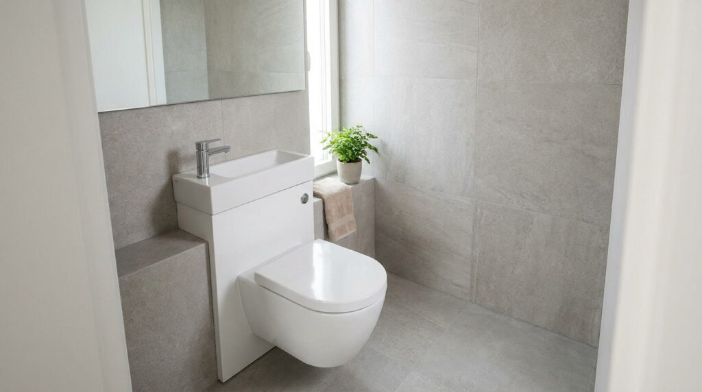 WC suspendu avec lave-mains intégré dans une salle d'eau moderne aux murs en carrelage gris.