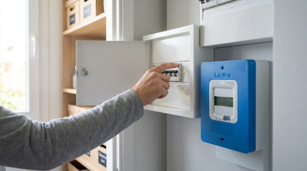 Main d'une personne actionnant un disjoncteur électrique situé à côté d'un compteur Linky bleu sur un mur blanc.