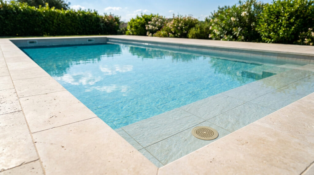Une piscine moderne avec une plage en travertin et un système de drainage intégré.