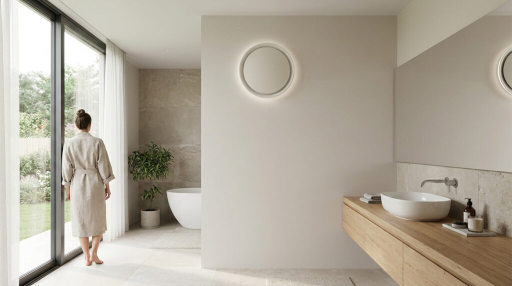 Une femme en peignoir dans une salle de bain moderne avec une VMC sans conduit circulaire et lumineuse au mur.